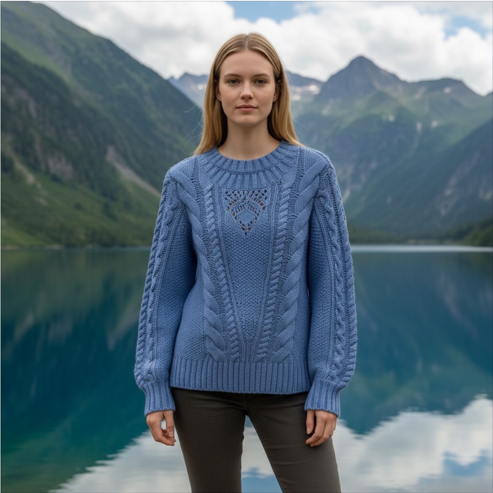 Talbots Balloon Sleeve Cable Knit Wool Blend‎ Sweater, Light Blue, Size Lp, NWT